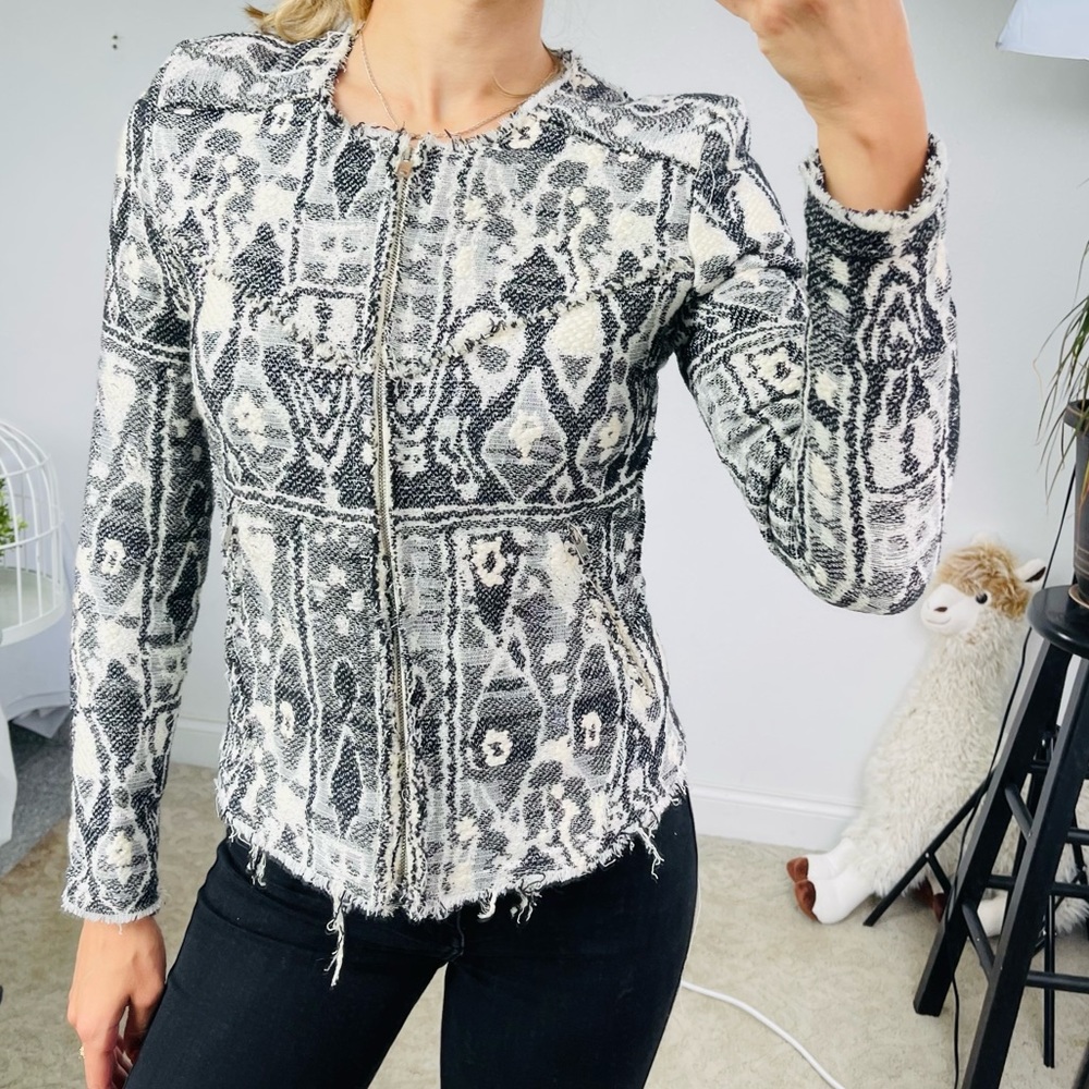 IRO Black white blazer jacket Dickey skuba snake geometrical cotton wool tweed
